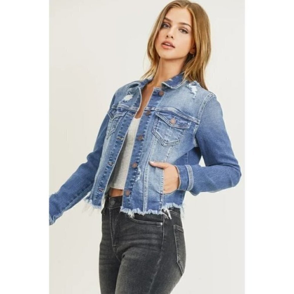 Risen Vintage‎ Inspired Style Distressed Denim Jacket - Medium Wash
